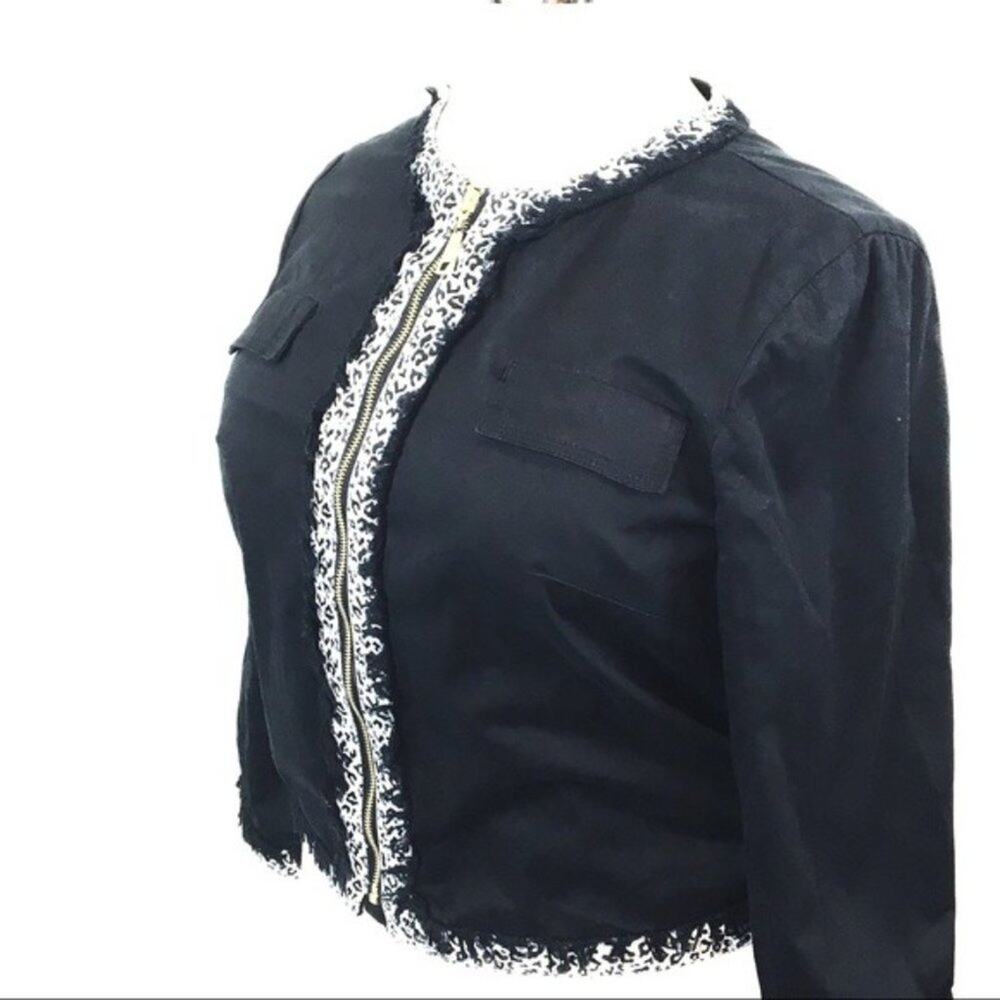 Tria Jacket Women SZ XS Black Frayed Edge Leopard Trim Zip Wrist Full Zip Retro